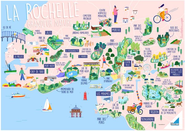 Carte illustrée de La Rochelle indiquant les espaces verts et naturels de la ville.