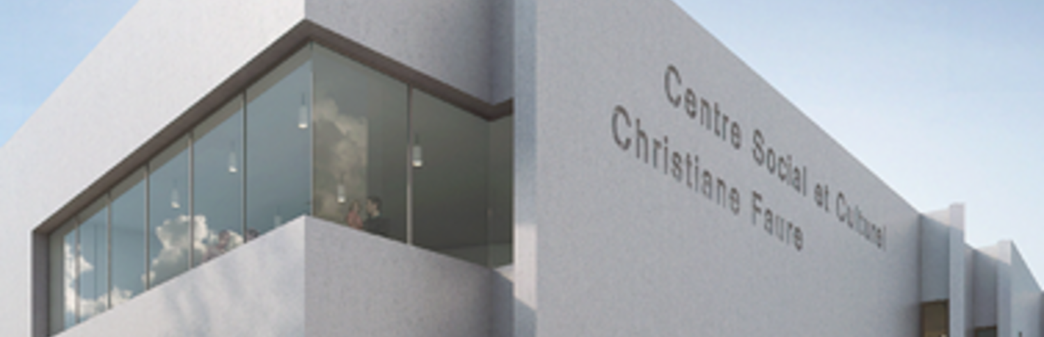 Perspective en 3D du futur centre social christiane Faure, montrant un imposant bâtiment gris moderne, avec une façade vitrée.